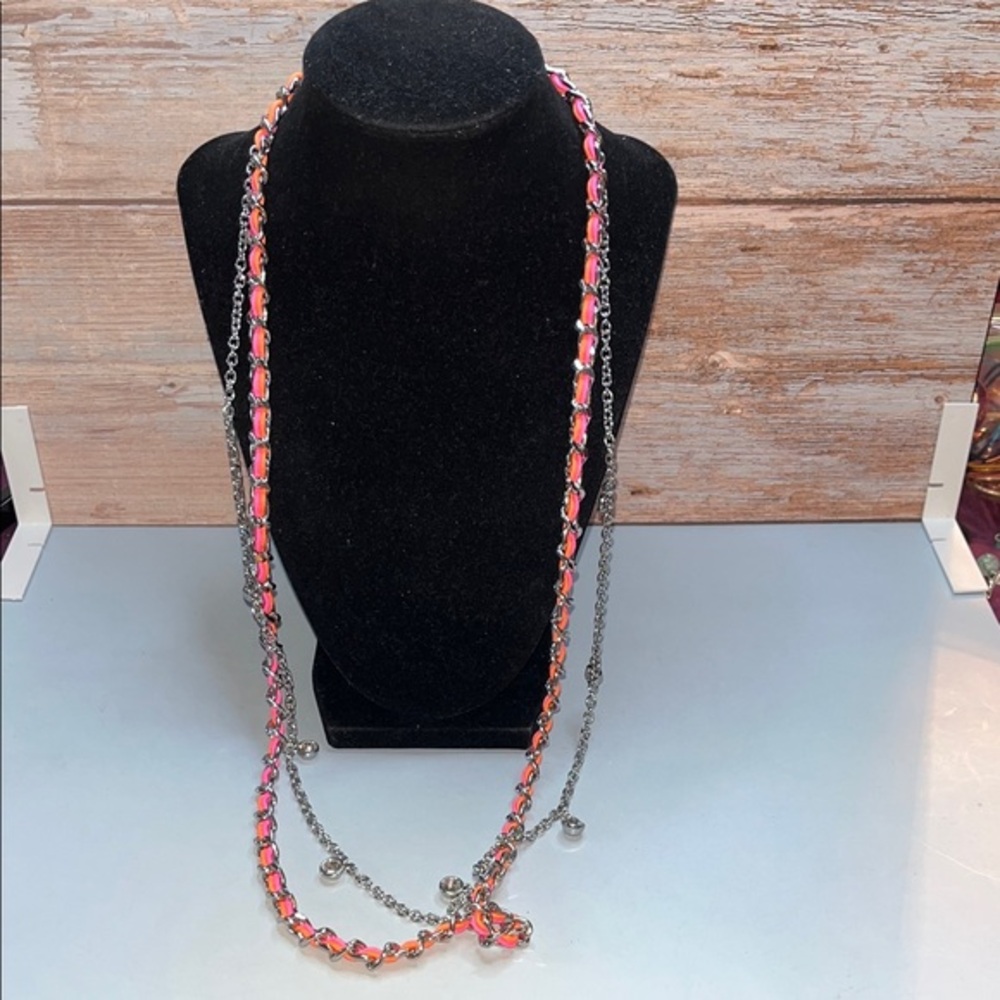 Ann Taylor Silver Pink Ribbon Chain Necklace